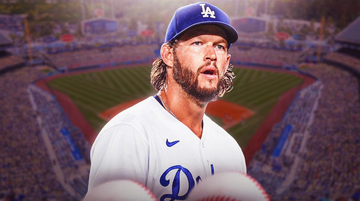 Kershaw looking serious in image with Dodgers Stadium in background and Dodgers logo