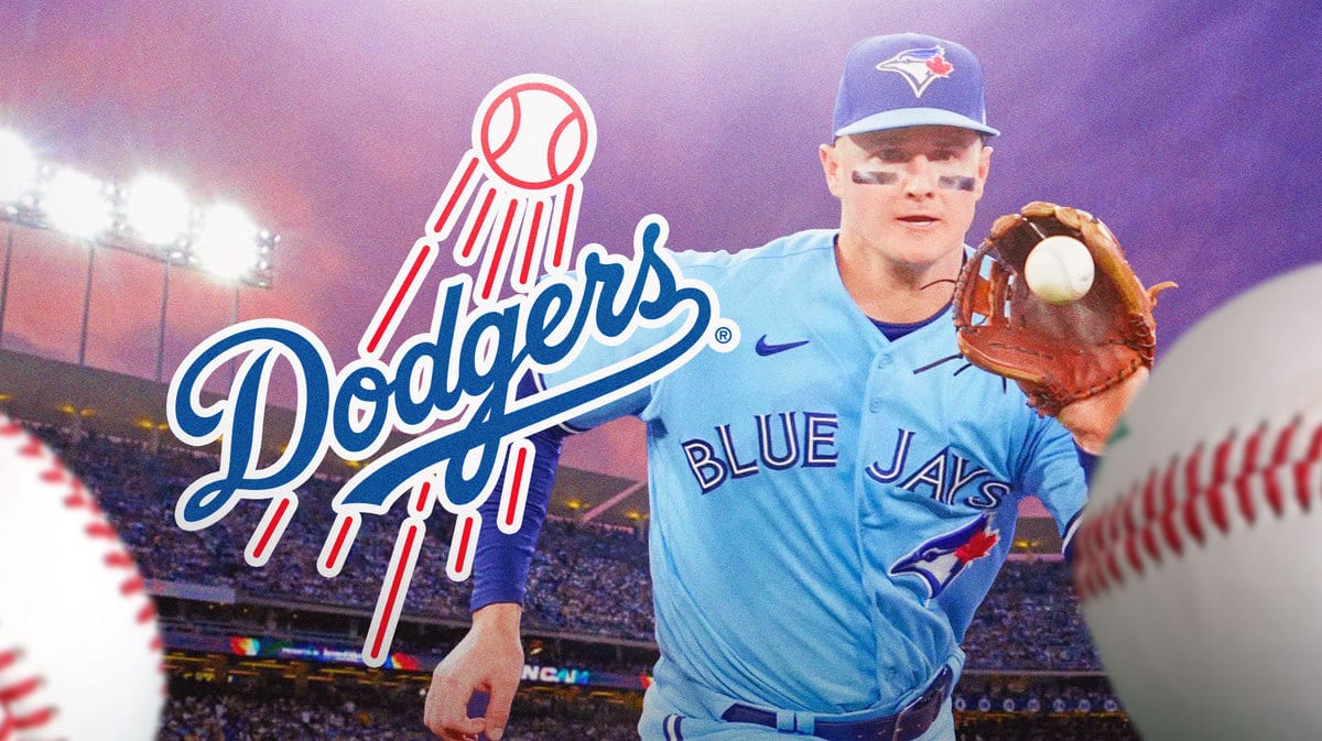 Toronto Blue Jays star Matt Chapman next to the Los Angeles Dodgers logo in front of their stadium.