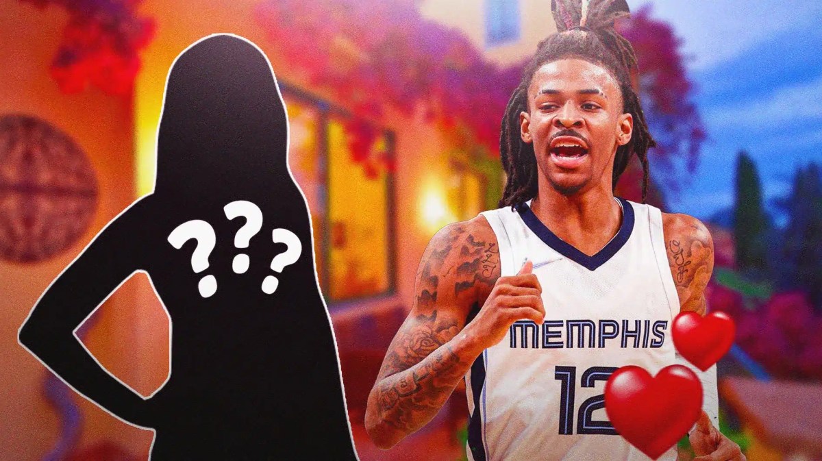 The Memphis Grizzlies' Ja Morant next to the silhouette of a woman.