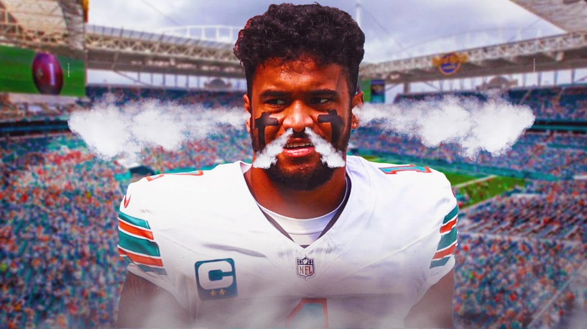 Dolphins' Tua Tagovailoa with smoke coming out his nose and ears