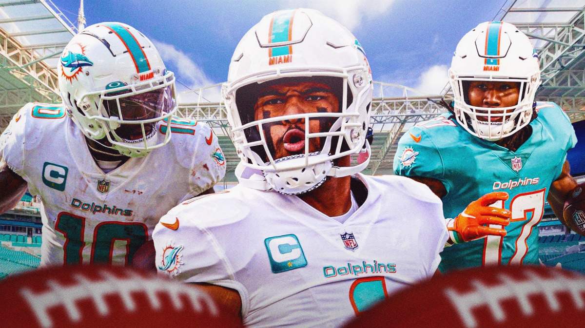Miami Dolphins stars Tua Tagovailoa, Tyreek Hill, and Jaylen Waddle in front of Hard Rock Stadium.