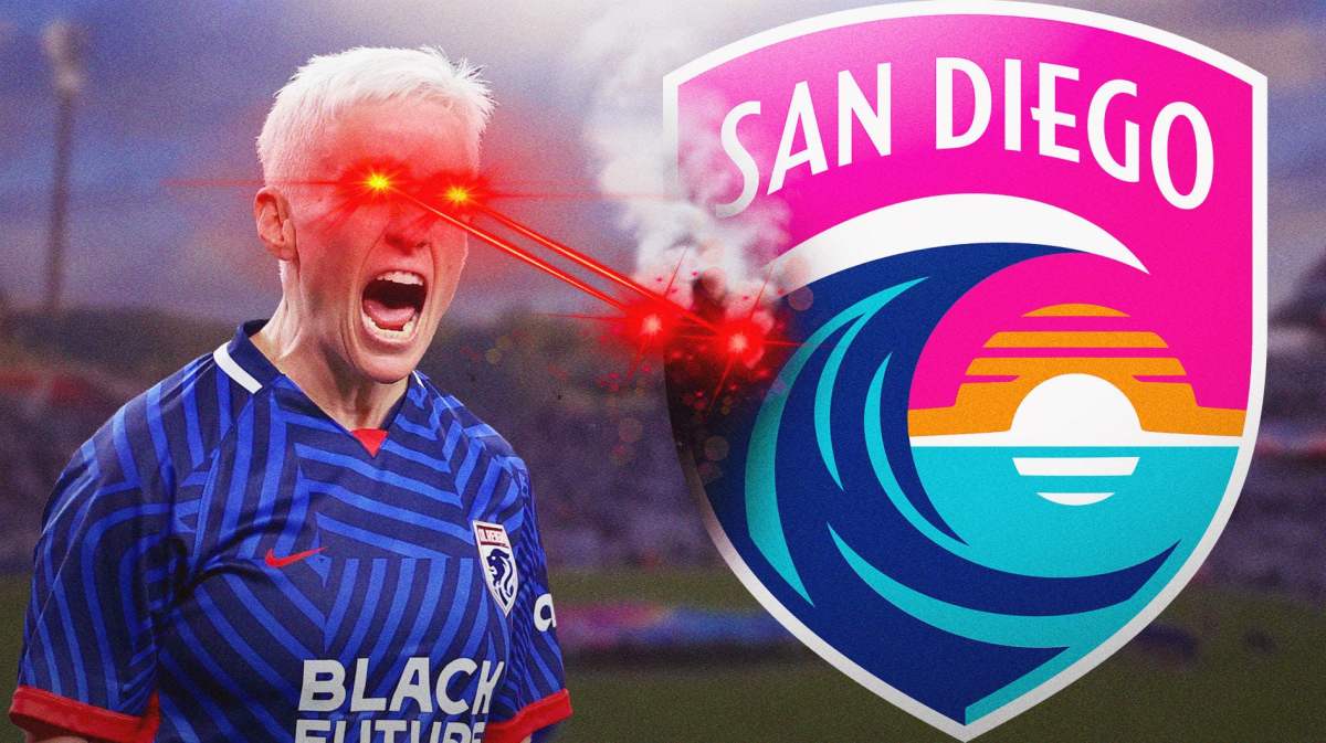 NWSL player Megan Rapinoe in her OL Reign uniform with red laser eyes “looking” at the San Diego Wave FC logo