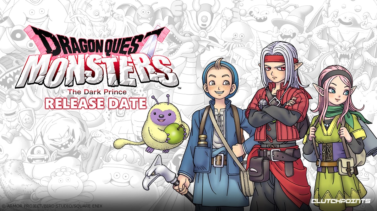 dragon quest monsters dark prince, dragon quest dark prince release date, dragon quest dark prince gameplay, dragon quest dark prince story, key art for dragon quest mosnters the dark prince with the words release date under the game title