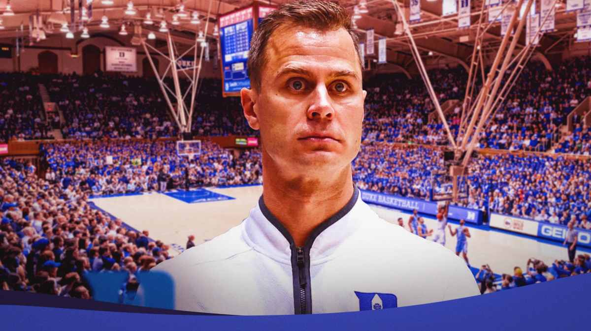 Duke basketball, Blue Devils, Duke basketball predictions, Kyle Filipowski, Jon Scheyer, Jon Scheyer with Duke basketball arena in the background