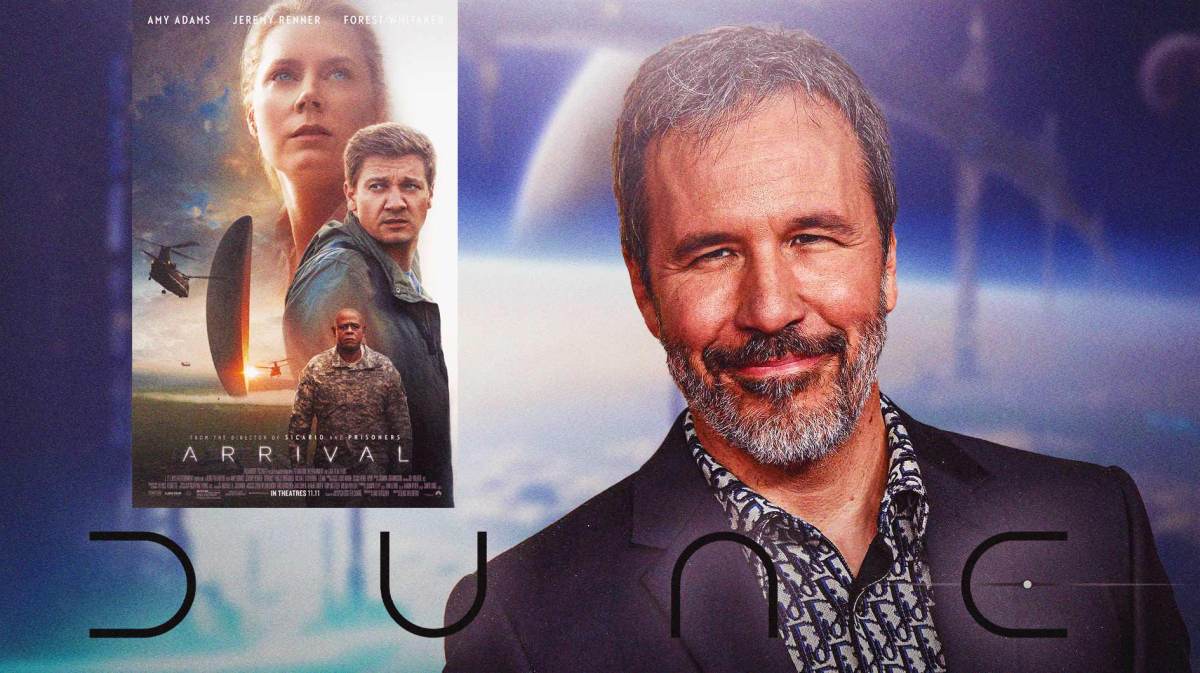 Arrival poster and Denis Villeneuve with Dune logo and sci-fi background.