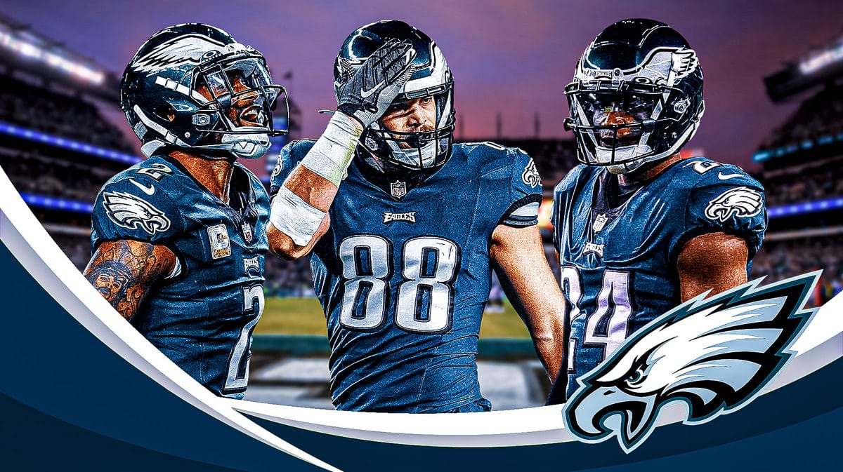 Dallas Goedert with Darius Slay and James Bradberry next to him. Have the Eagles logo in the background