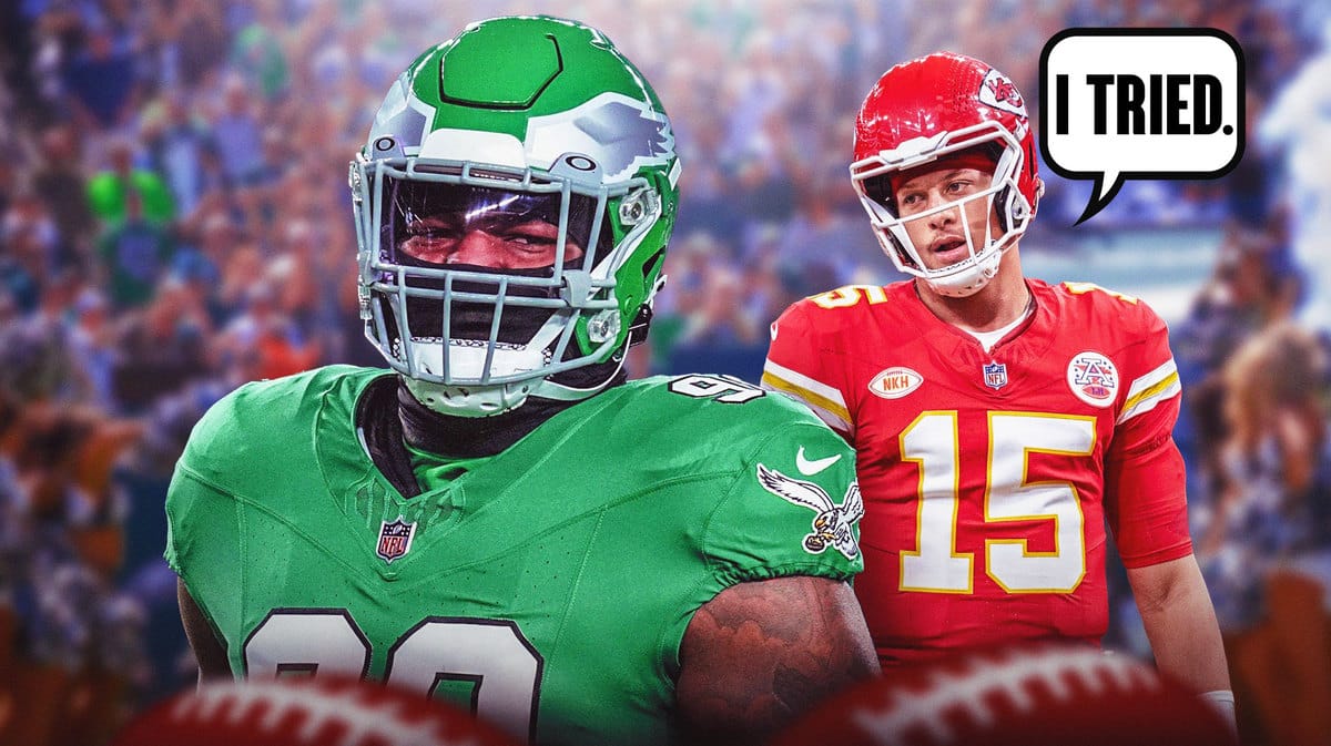 Photo: Jalen Carter in Eagles uniform with Patrick Mahomes.