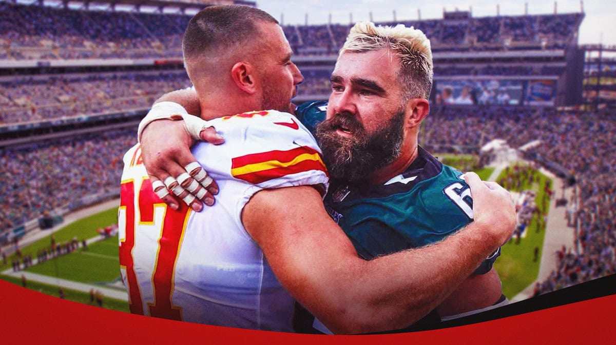 Jason Kelce and Travis kelce hug