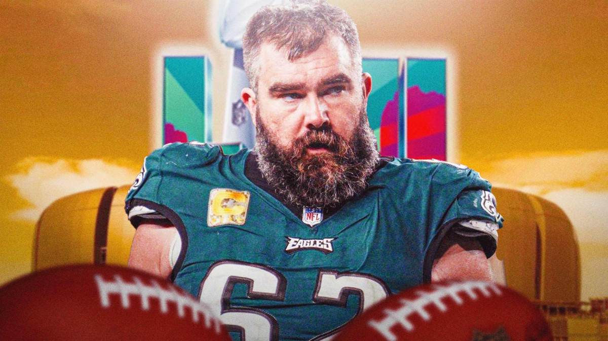 Philadelphia Eagles center Jason Kelce in front of the Super Bowl logo.