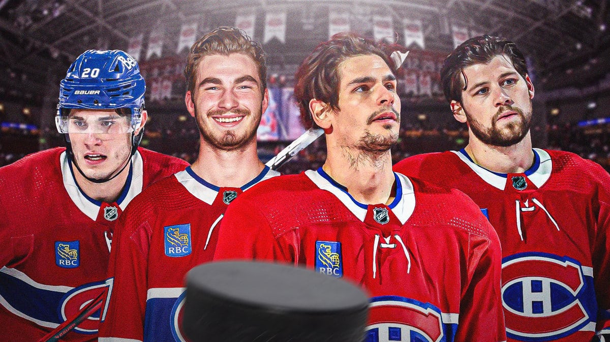 Sean Monahan, Kirby Dach, Josh Anderson and Juraj Slafkovsky all in image, Montreal Canadiens logo, hockey rink in background