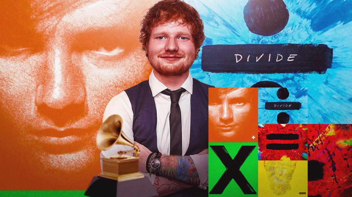 Ed Sheeran with Grammy award and album covers of Addition, Multiply, Divide, Equals, and Subtract.