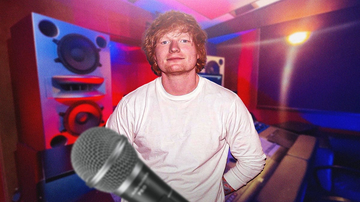 Ed Sheeran with recording studio background.