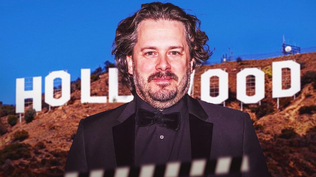 Director Edgar Wright with the Hollywood sign behind him.