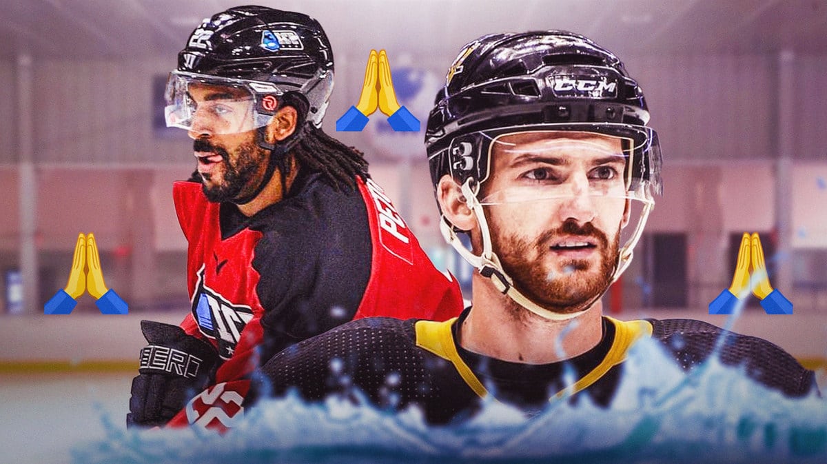 Matt Petgrave in image looking stern, hockey rink in background, Adam Johnson in image with EICL logo, prayer emojis in image
