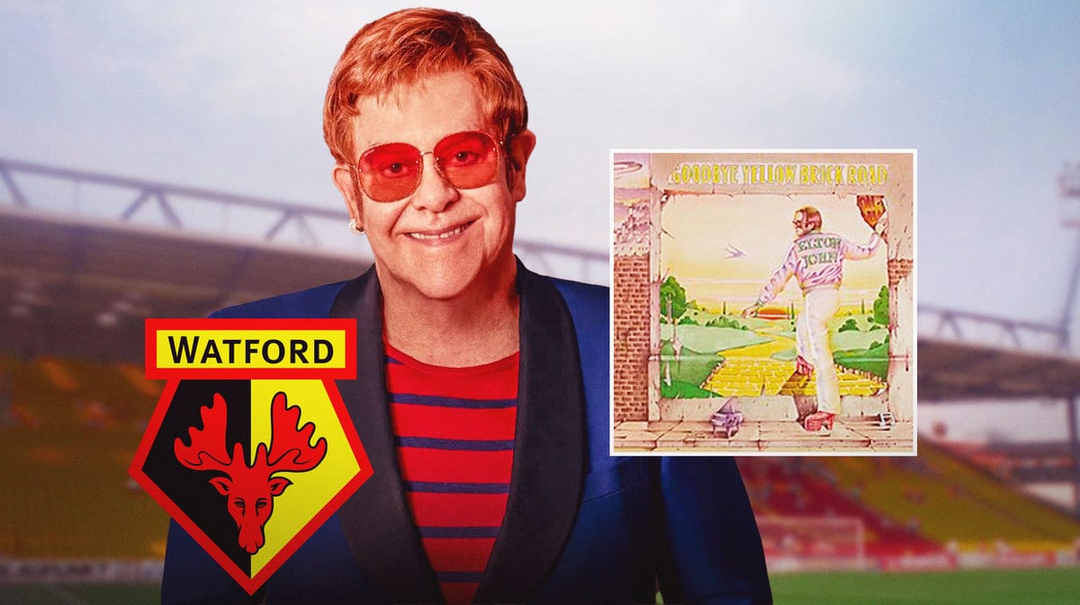 Elton John with Watford F.C. logo and stadium background and Goodbye Yellow Brick Road album cover.