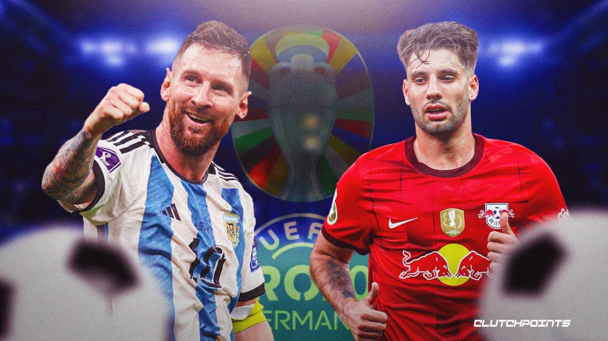 Dominik Szoboszlai next to Lionel Messi in front of the Euro 2024 logo