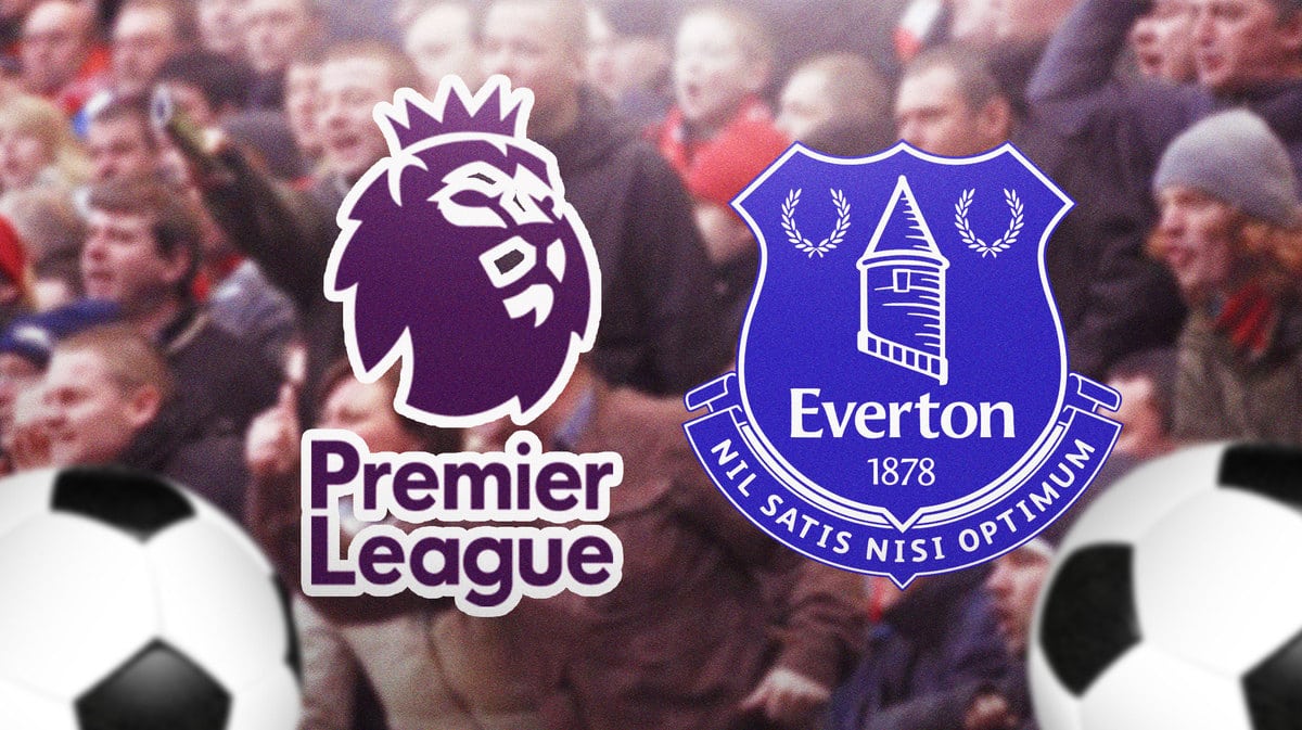 Angry fans in front of the Everton and Premier League logos