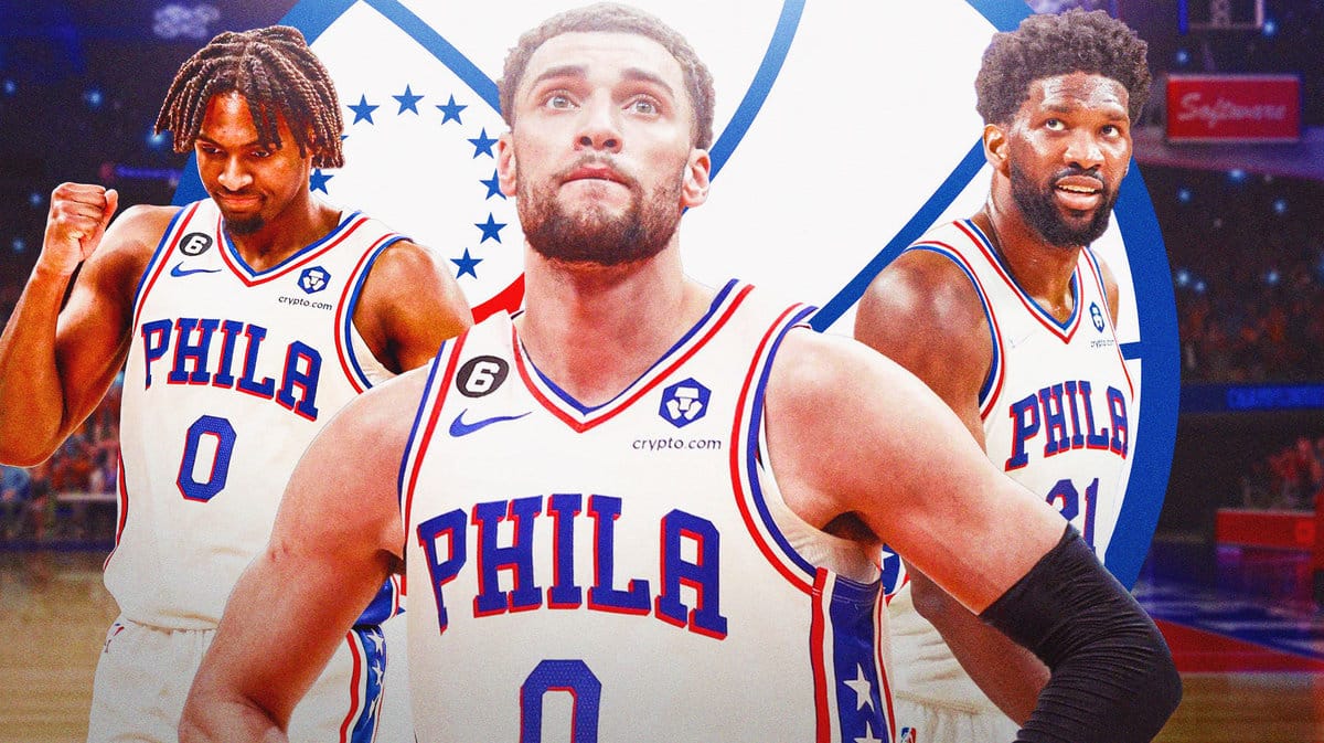 Zach LaVine in Sixers uniform next to Tyrese Maxey and Joel Embiid