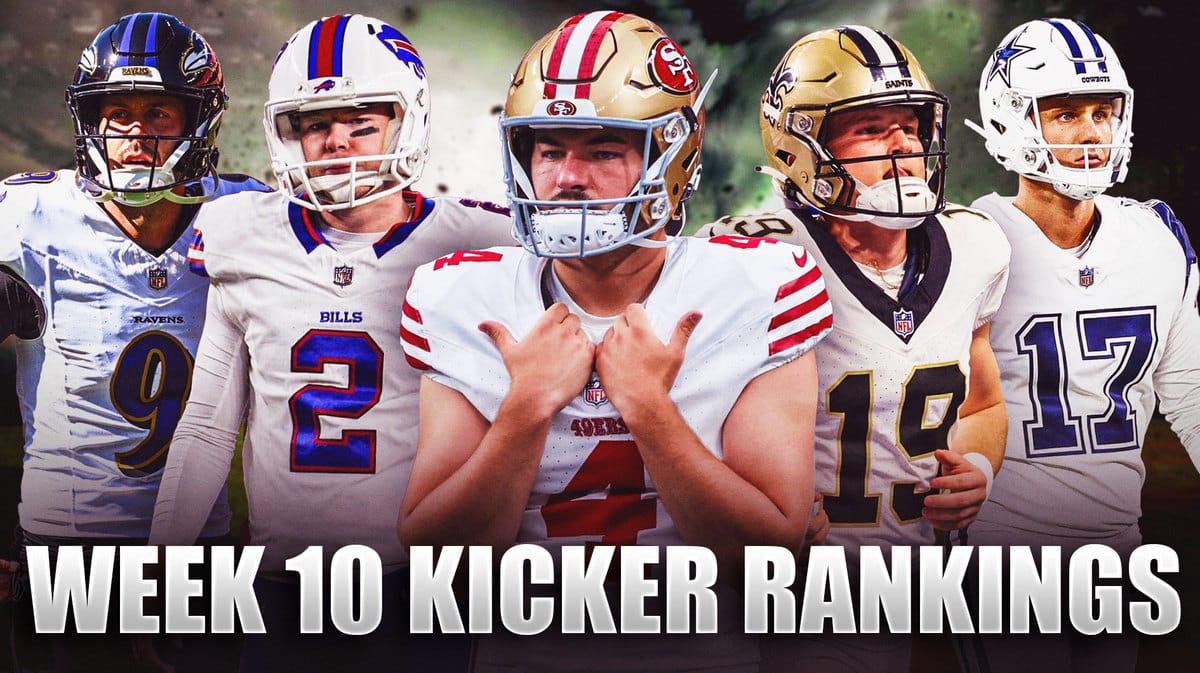 Fantasy football Kickers Brandon Aubrey, Justin Tucker, Tyler Bass, Blake Grupe, Jake Moody are all beside each other with whirlwinds in the background.