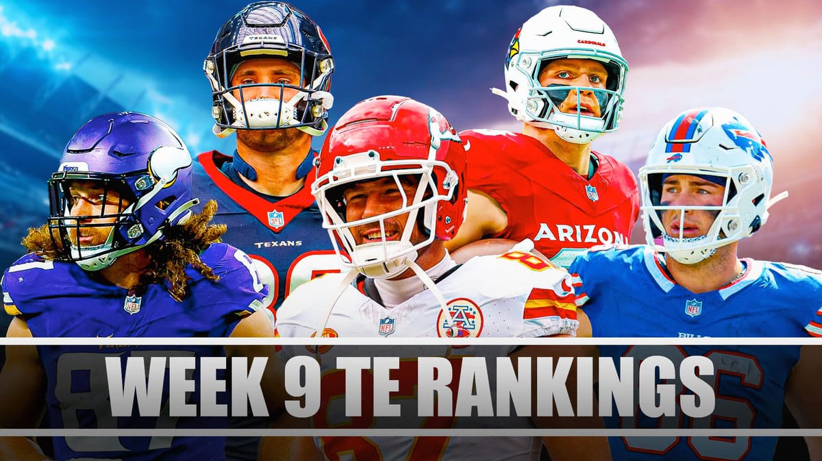 Fantasy football TEs Travis Kelce, TJ Hockenson, Dalton Kincaid, Dalton Schultz, Trey McBride are all beside each other with red lightning in the background.