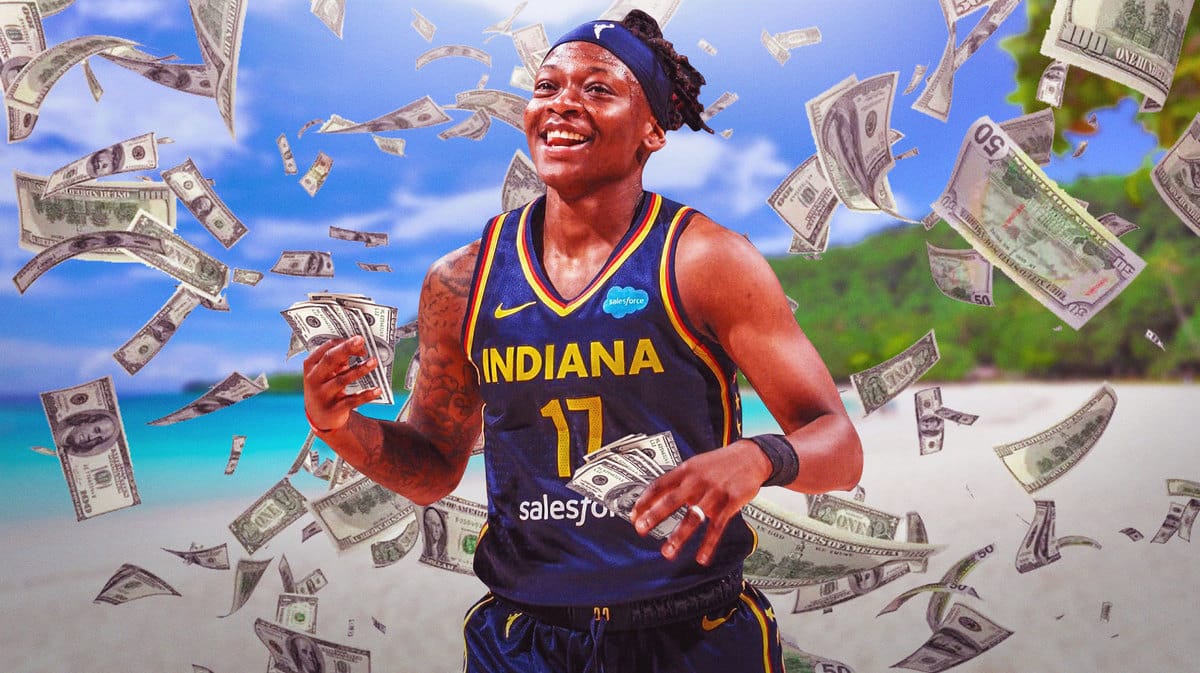 WNBA Indiana Fever player Erica Wheeler in her Fever uniform, looks like she is holding money and lounging on a beach