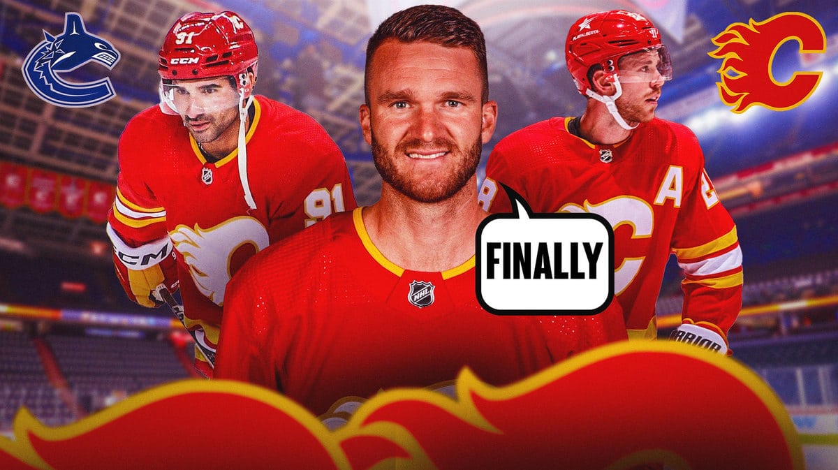Jonathan Huberdeau in middle of image looking happy with speech bubble: “Finally” , VAN Canucks and CAL Flames logo in image, Elias Lindholm and Nazem Kadri also in image, hockey rink in background
