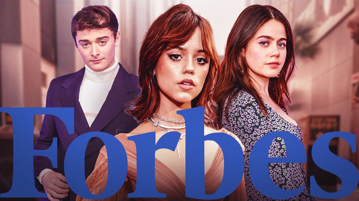 Jenna Ortega, Noah Schapp and Molly Gordon with a Forbes logo.
