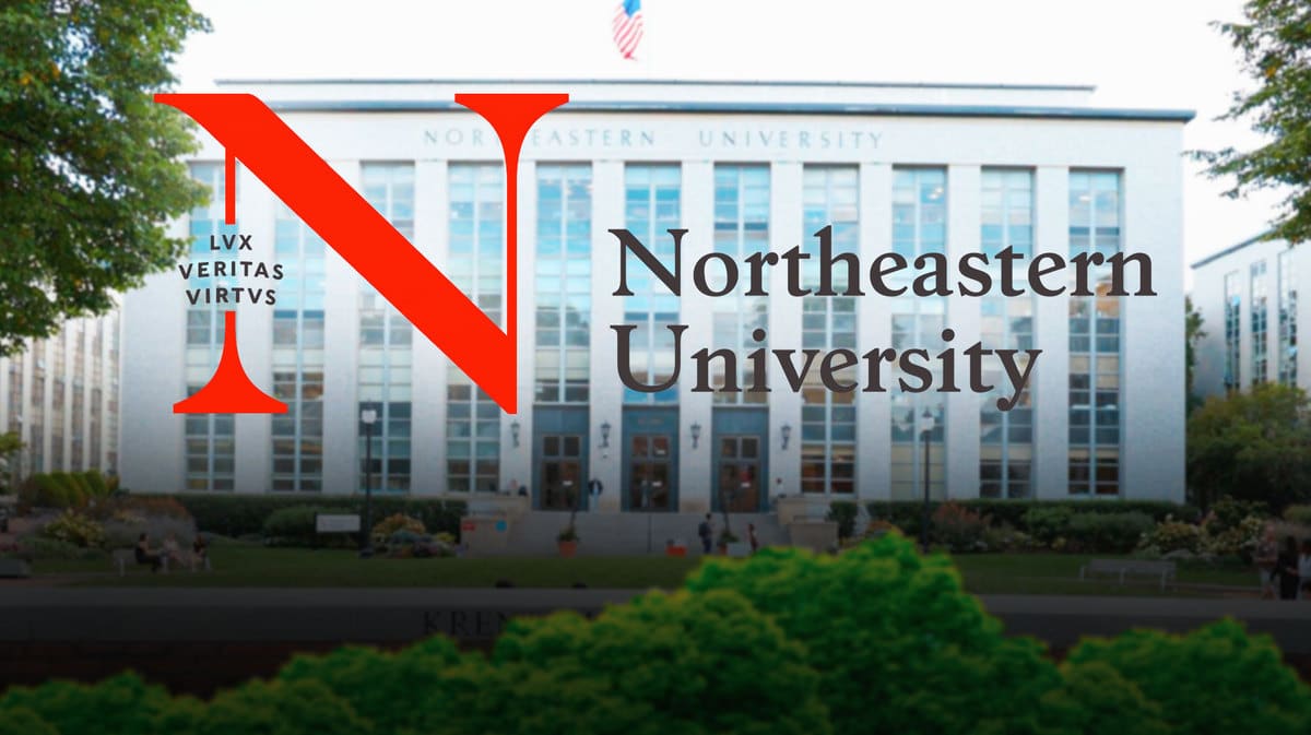 Logo for Northeastern University in the center, with photo of Northeastern University campus in background