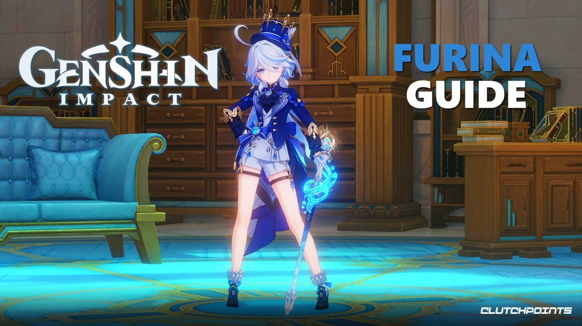 furina build, furina genshin impact, furina, furina weapon, furina artifacts, a screenshot of Furina from Genshin Impact with the game logo on one corner and the words Furina Guide in the other corner