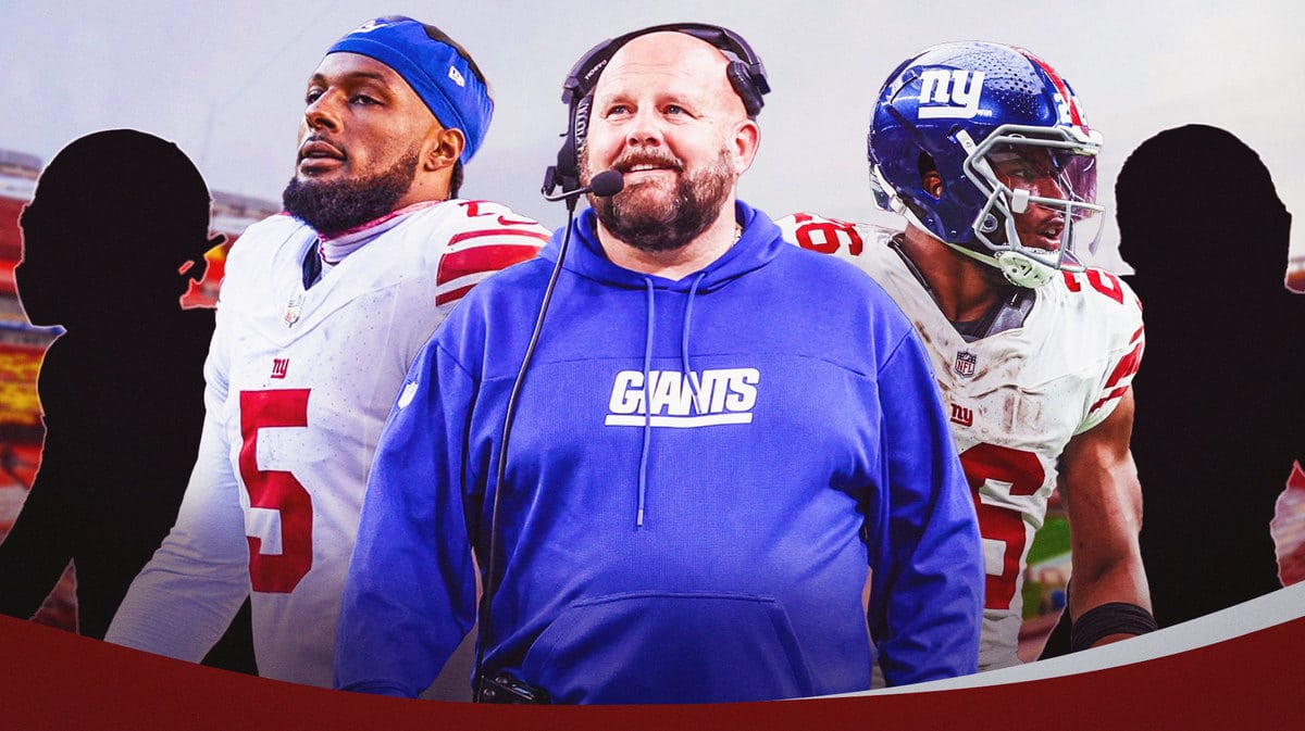 Brian Daboll. Kayvon Thibodeaux and Saquon Barkley in white Giants uniforms. Bobby Okereke and Tommy DeVito as silhouettes. FedEx Field in background