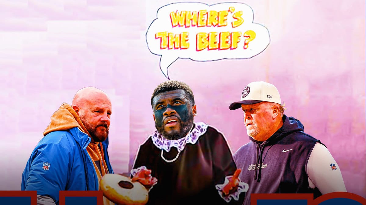 Brian Daboll and Win Martindale. Giants LB Jihad Ward as the "Where's the beef?" lady