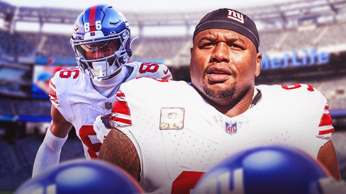 New York Giants stars Dexter Lawrence and Darius Slayton in front of MetLife Stadium.