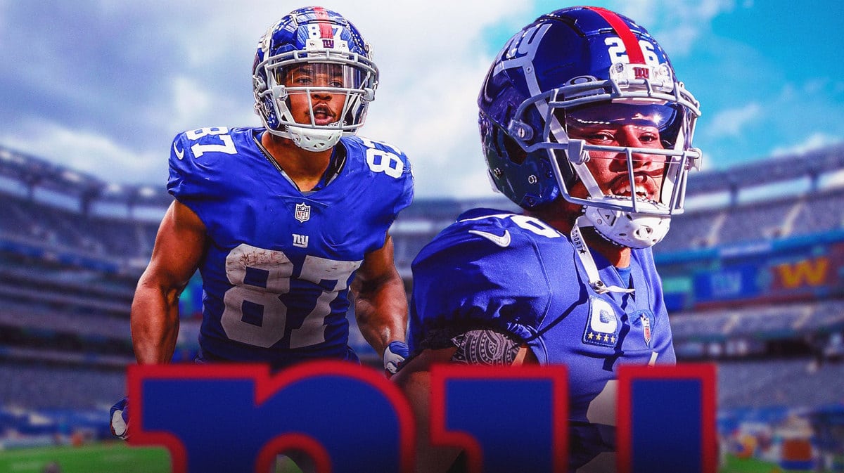 Photo: Saquon Barkley in Giants uniform with Sterling Shepard in Giants uniform, both happy