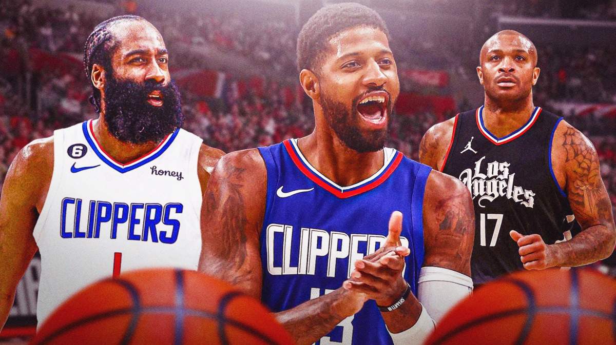 Los Angeles Clippers stars James Harden, Paul George, and P.J. Tucker in front of Crypto.com arena.