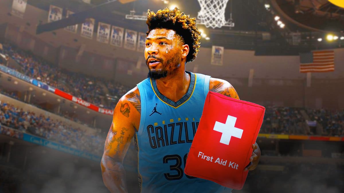 Grizzlies' Marcus Smart with animated tears while holding first-aid kit