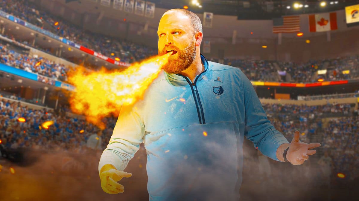 Grizzlies coach Taylor Jenkins with fire coming out his mouth