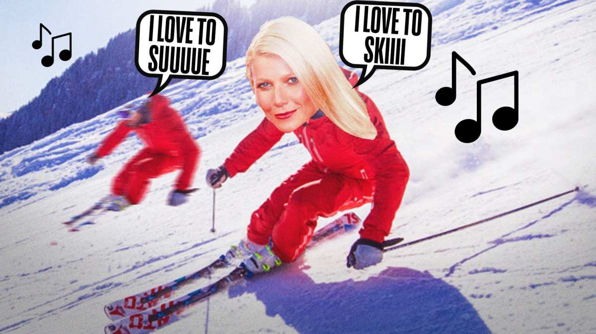 Gwyneth Paltrow’s head photoshopped onto a skiier’s body on the ski slopes. She sings “I love to skiiii” as another skiier sings “I love to suuuue” with musical notes hovering around to indicate it's a musical