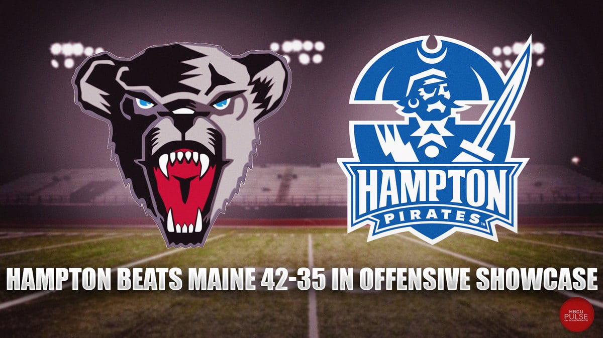 The Hampton Pirates football team outlasts the Maine Black Bears in a 42-35 shootout behind a huge day from running back Elijah Burris