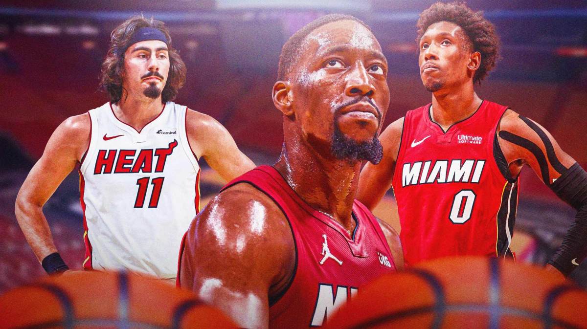 Miami Heat stars Bam Adebayo, Jaime Jaquez Jr., and Josh Richardson in front of the Kaseya Center.