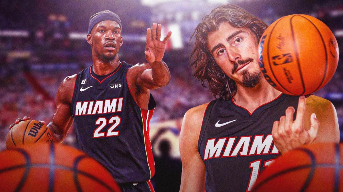 Miami Heat rookie Jaime Jaquez Jr. and star Jimmy Butler in front of the Kaseya Center.