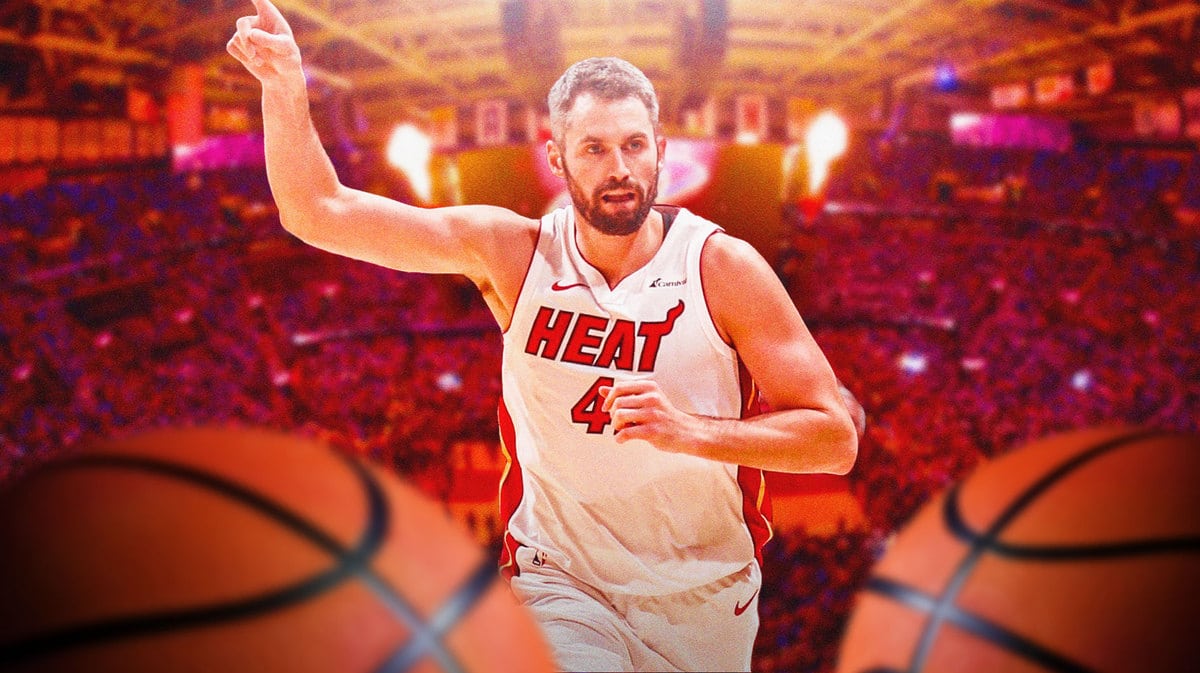 Miami Heat star Kevin Love in front of Rocket Mortgage FieldHouse.