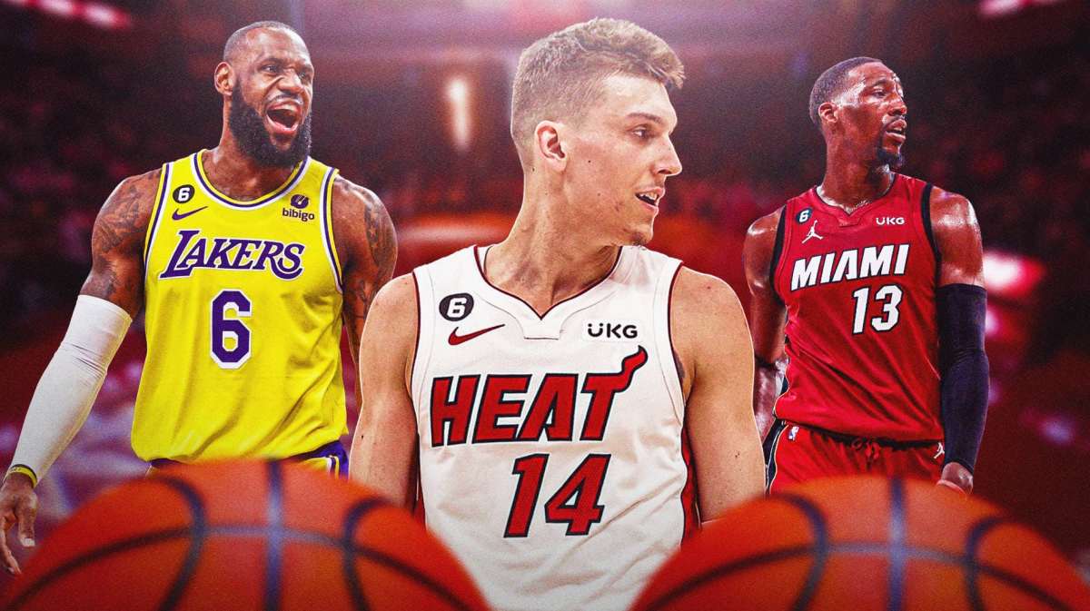 Miami Heat's Tyler Herro, Bam Adebayo with Los Angeles Lakers star LeBron James in front of the Kaseya Center.