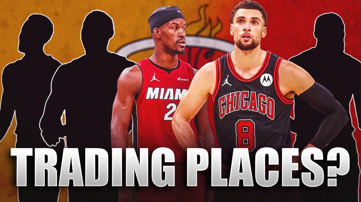Zach LaVine and Jimmy Butler in the middle, three Mystery Players around them, and the Miami Heat wallpaper in the background.