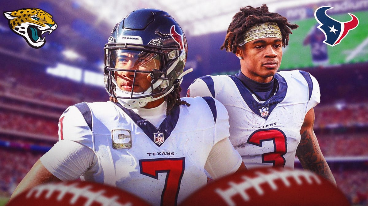 CJ Stroud and Tank Dell with Jaguars and Texans logos