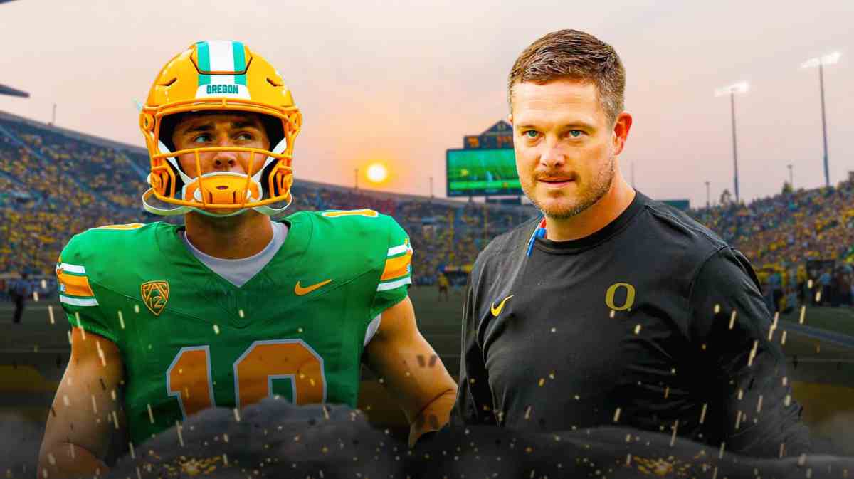 Oregon football, Ducks, CFP rankings, College Football Playoff, Washington football, Bo Nix (in Oregon uni) and Dan Lanning with Oregon football stadium in the background