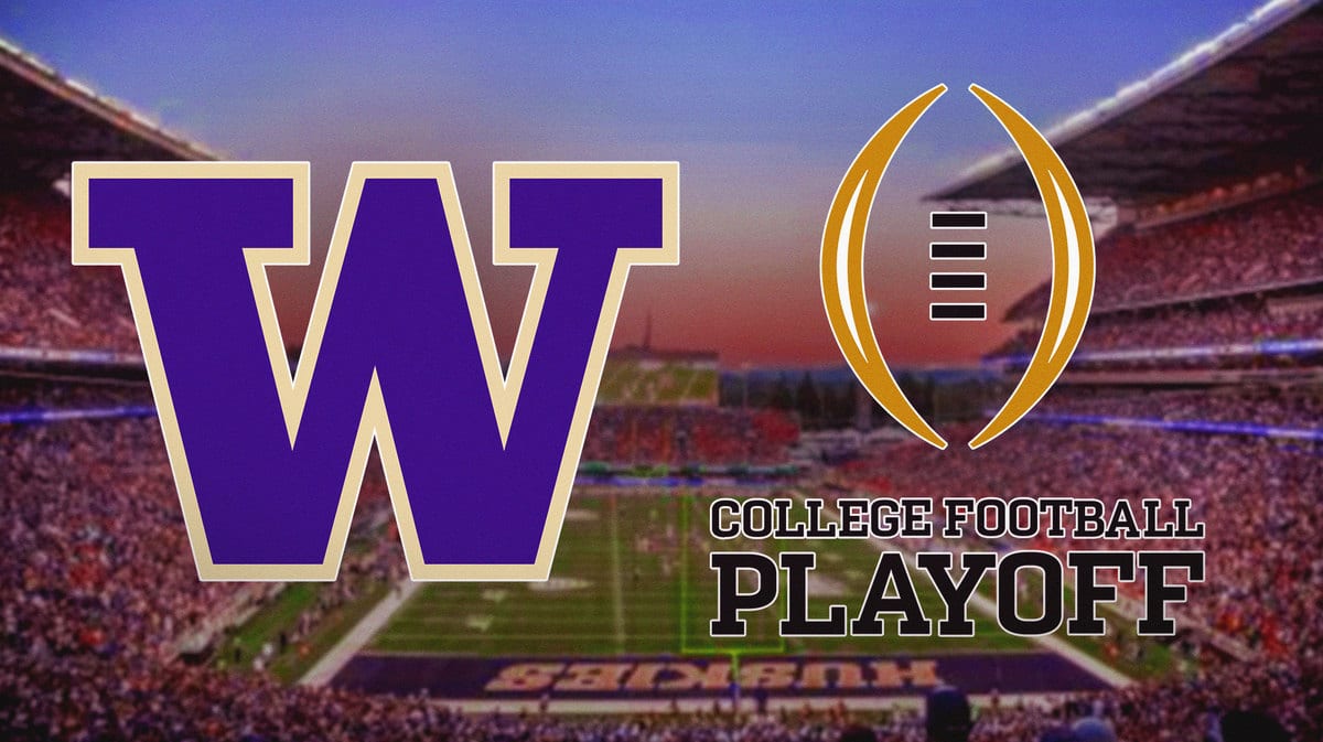 Washington football with College Football Playoff logo and Husky Stadium