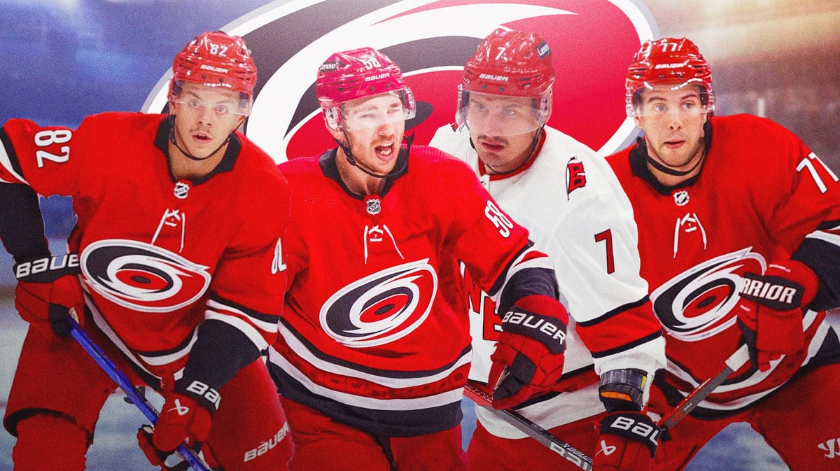 Tony DeAngelo, Dmitry Orlov, Michael Bunting and Jesperi Kotkaniemi in image, CAR Hurricanes logo, hockey rink in background