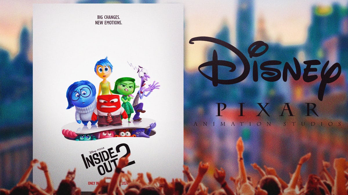 Inside Out 2 poster with Maya Hawke's Anxiety next to Disney and Pixar logos and skyline background.