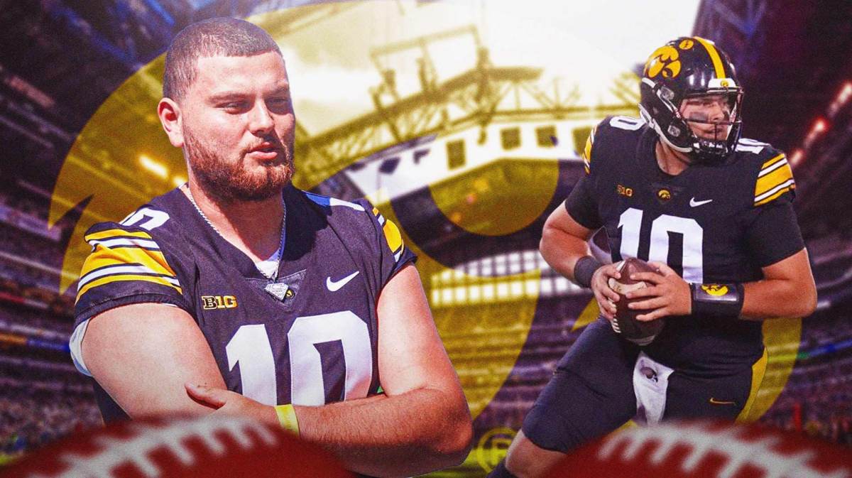 Iowa football, Michigan football, Hawkeyes, Iowa football predictions, Iowa football Big Ten Championship, Deacon Hill in Iowa uni with Lucas Oil Stadium in the background