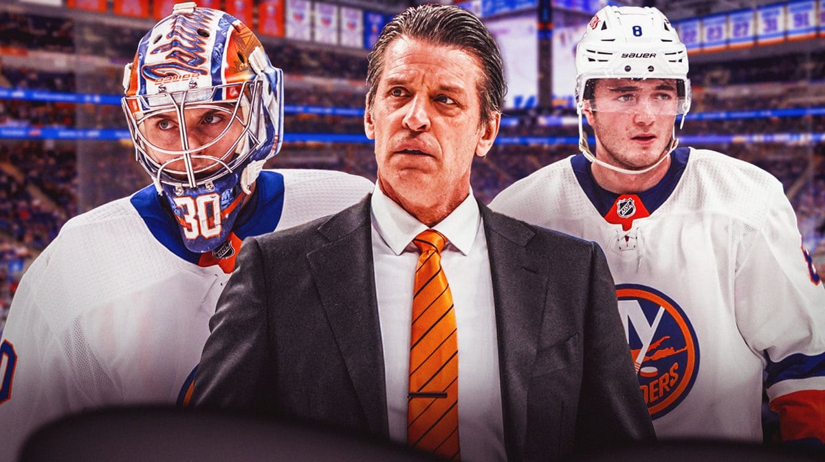 Image of New York Islanders Noah Dobson and Ilya Sorokin and coach Lane Lambert